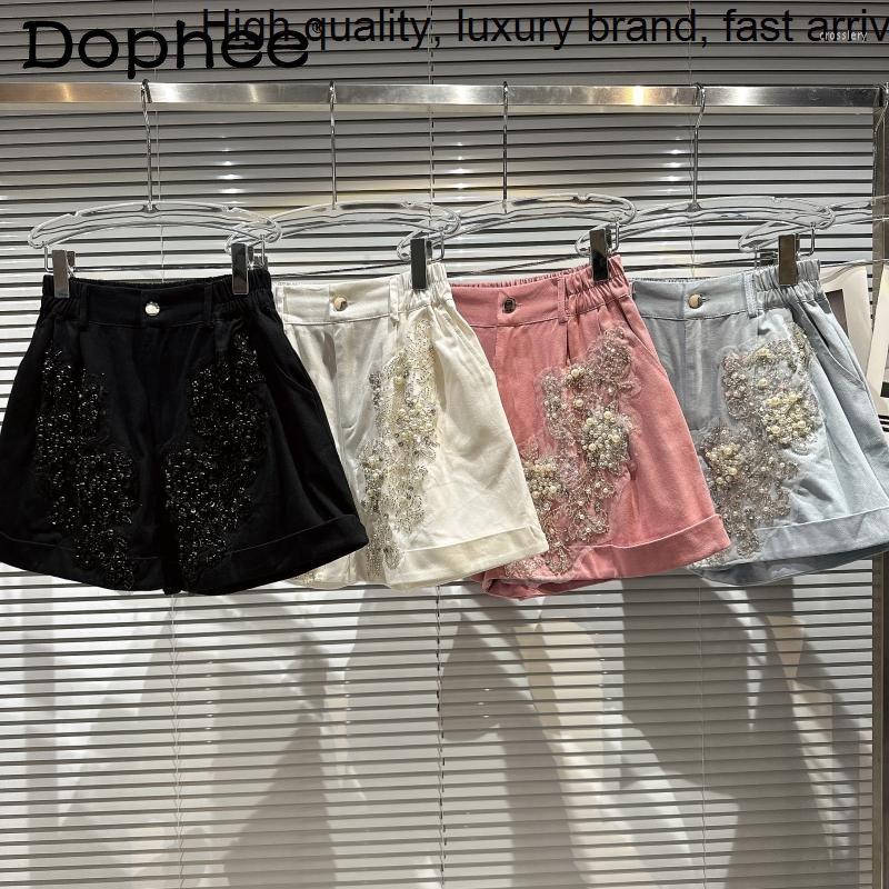 

Women's Shorts Sequins Heavy Embroidery Pearl Beaded Elastic Waist Casual Sweet Pink Wide Leg 2023 Spring Biker Women, Black