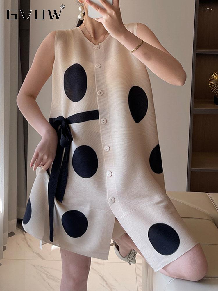 

Casual Dresses GVUW Dots Print Pleated Women's Dress O-neck Sleeveless Single Breasted 2023 Spring Lace-up Female Elegant Clothing, Black