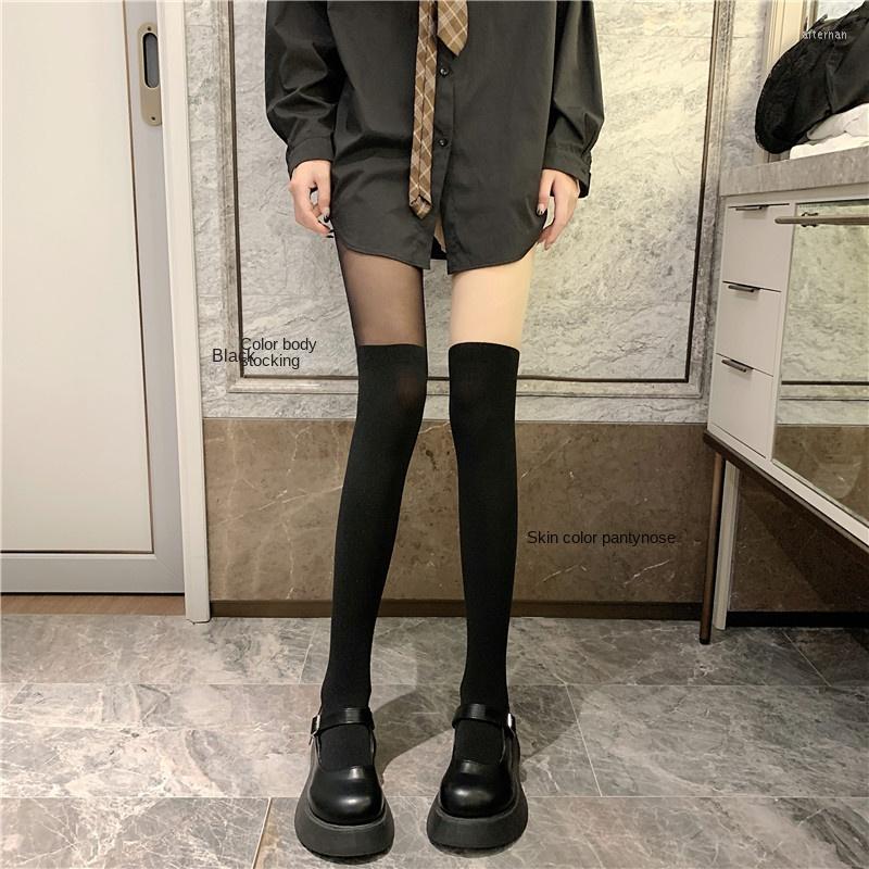 

Women Socks Splicing Pantyhose Fake Thigh Stockings Thin Section High Tube Bare Leg Artifact Calf Jk Flesh-colored Over The Knee, Skin and black
