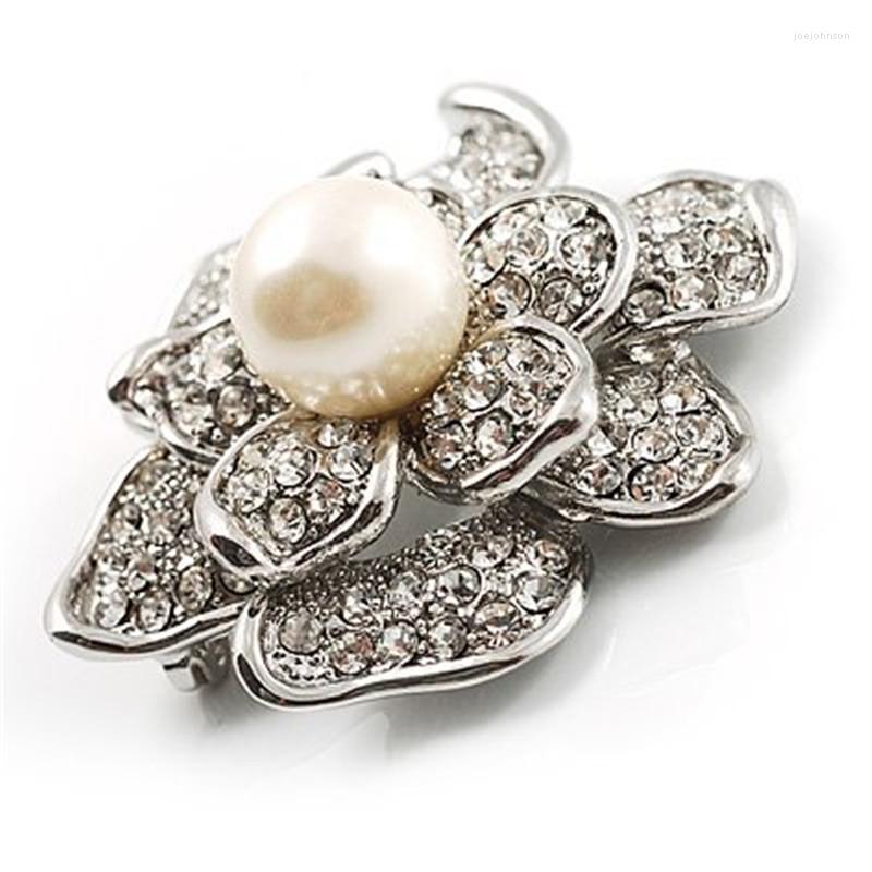 

Brooches Statement Silver Color Rose Flower Alloy Brooch Full Rhinestone Large Fresh Pearl Wedding Romantic Jewelry For Women