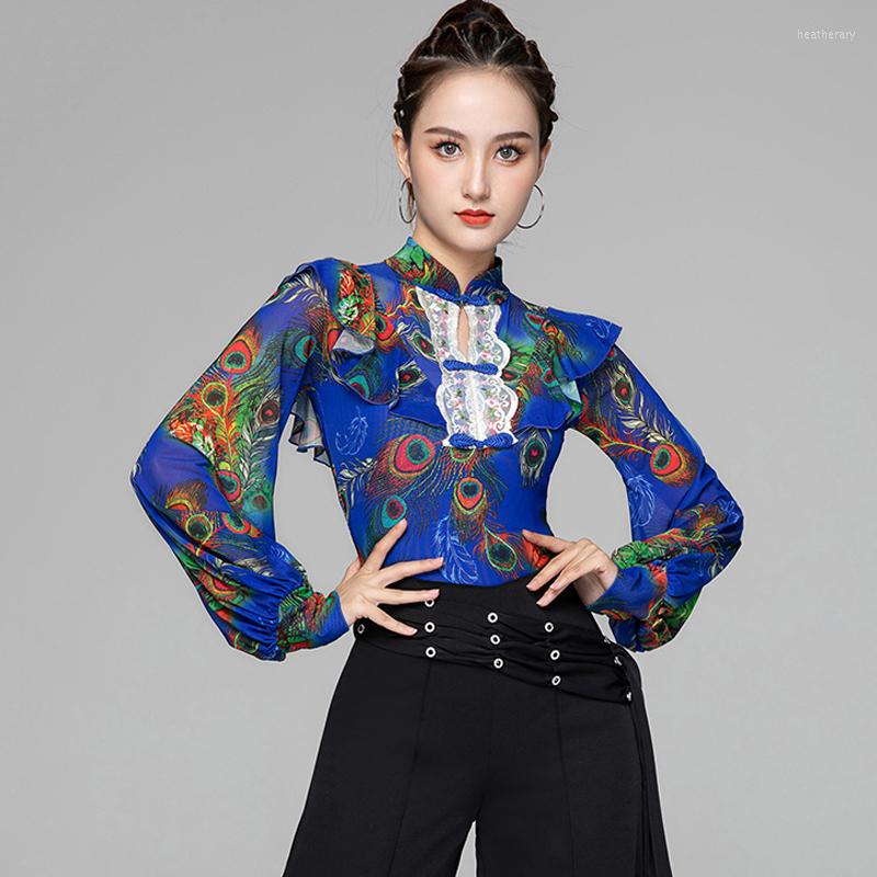 

Stage Wear Floral Ballroom Dance Tops Female Costume Latin Clothes Long Sleeve Tango Dancewear Modern Outfit DL8511, Only tops
