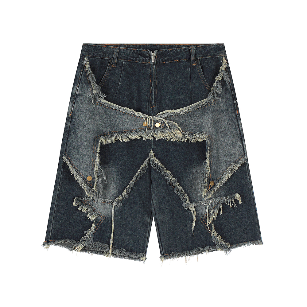 

High Street Washed Vintage Patchwork Jeans Shorts for Men Straight Wide Leg Baggy Casual Summer Denim Knee Length Pants