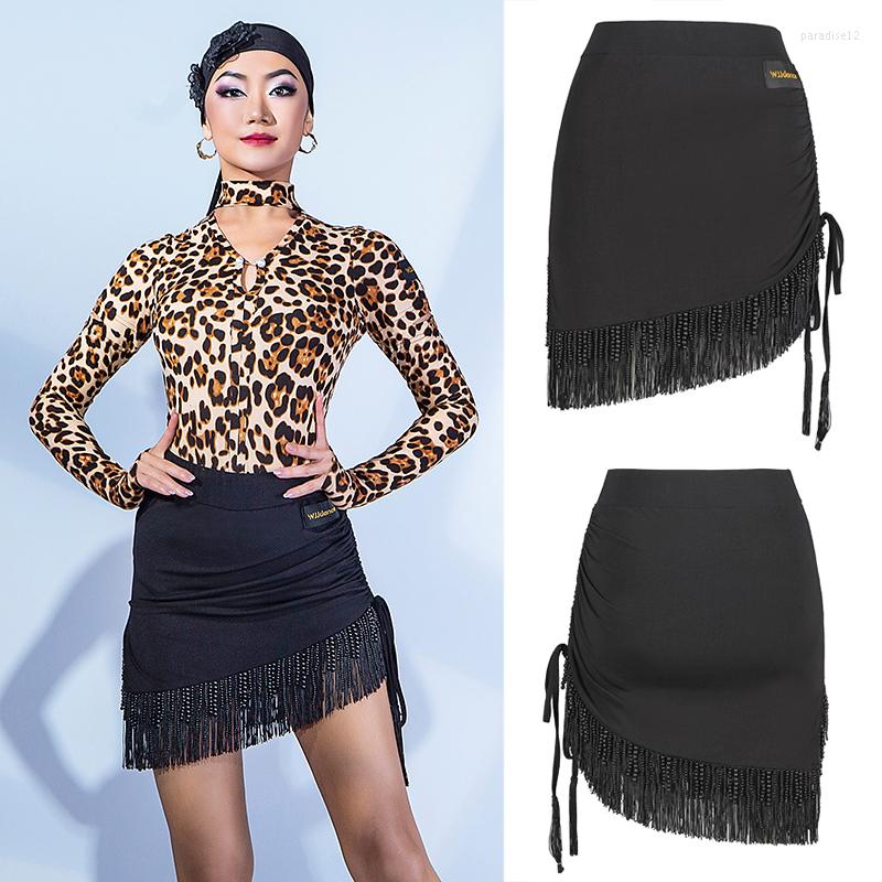 

Stage Wear 2023 Women Long Sleeve Top Drawstring Fringed Skirts Ballroom Dance Competition Practice Clothes Latin Costume SL6170, Black skirt