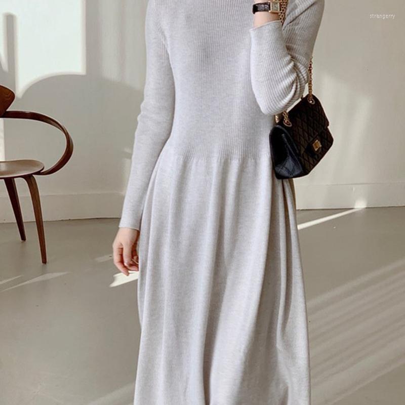 

Casual Dresses Winter Sweater Dress Female Knitted Fashion Elegant Turtle Neck High Waist Solid Grey Black A-line Long Vestido Feminino, Camel