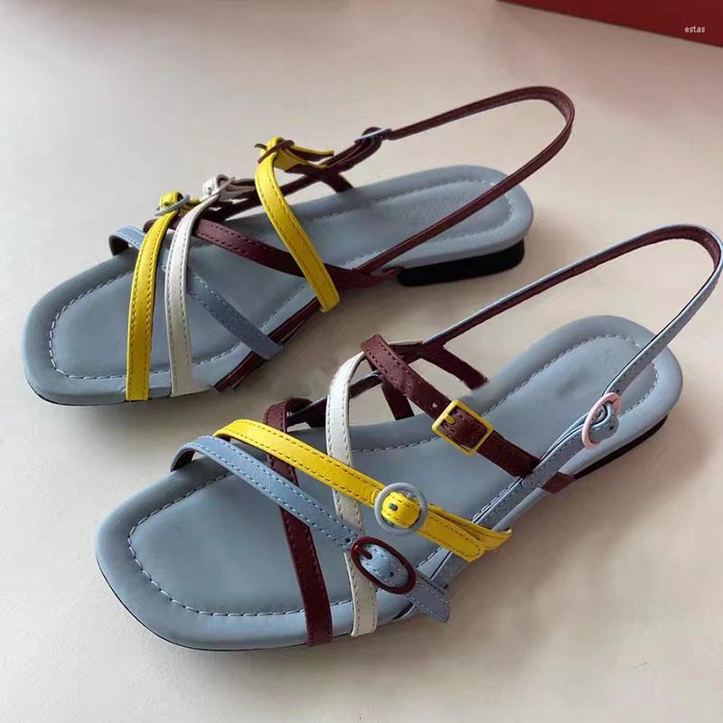 

Sandals Cross Narrow Band Mixed Color Flat Bottom Summer Slingback Hollow Buckle Square Head Women Shoes, White