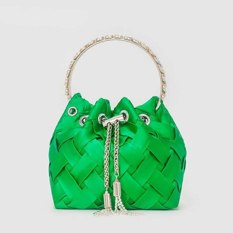 

Shoulder Bags Rhinestone Tassel Woven Handbag Women Designer Metal Handle Shiny Crystal Bucket Purses Ladies Chain Crossbody Bag High Quality 230426, Green