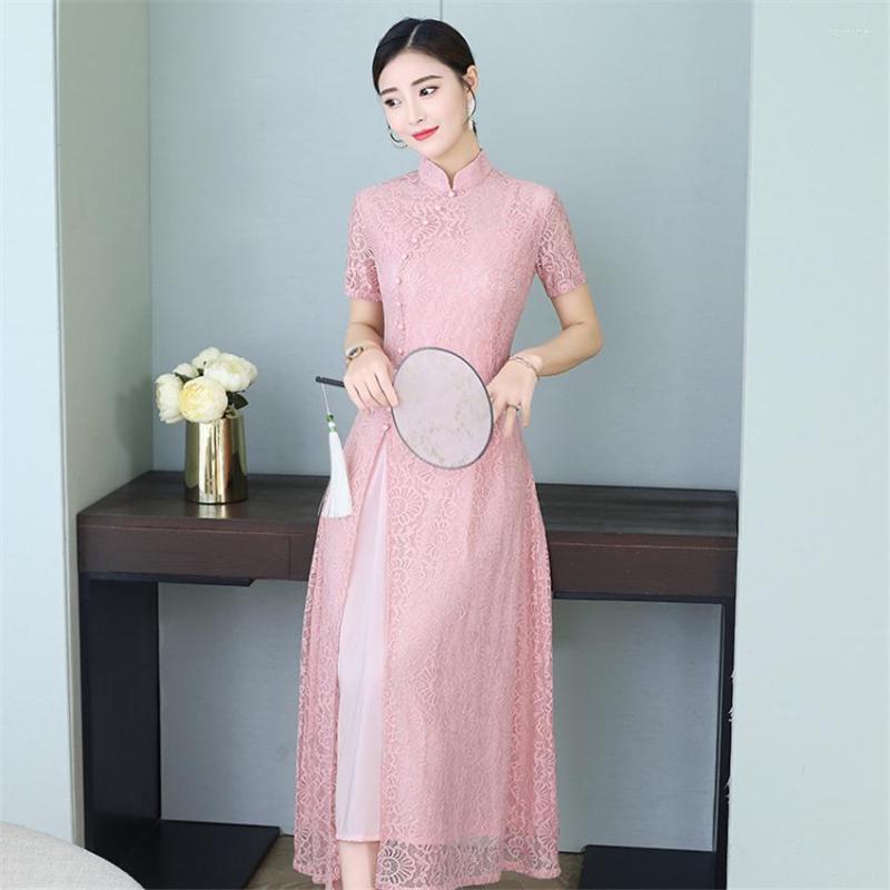 

Ethnic Clothing 2023 S Summer Aodai Vietnam Qipao Dress For Women Traditional Lace Ao Dai Long Gown Silk Knee Length Dresses