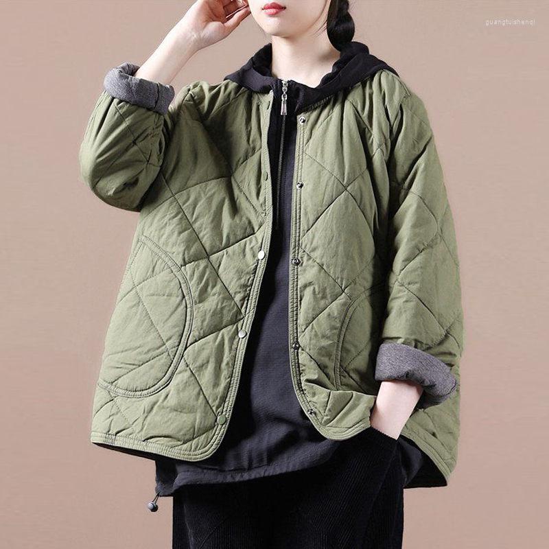 

Women's Trench Coats Large Size Women's Autumn And Winter Cotton Quilted Jacket 2023 Korean Loose Rhombus Hidden Button Short Thin Coat, Black