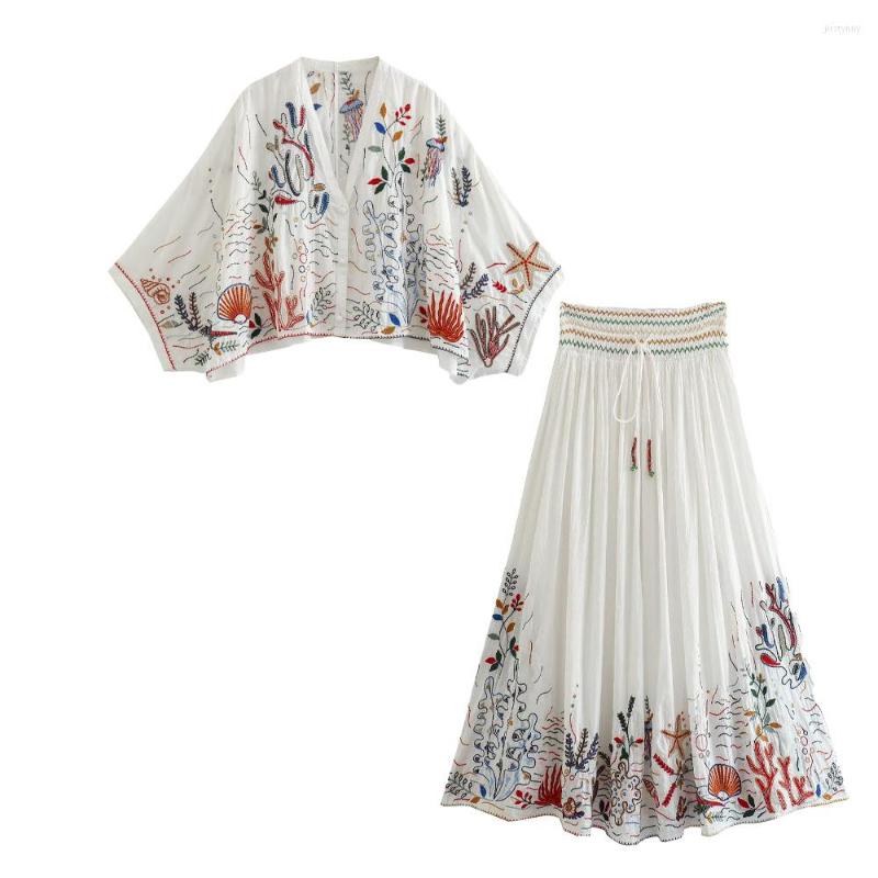 

Work Dresses Women's 2023 Summer Embroidered Cotton Shirt Long Dress Retro V-neck Casual And Unique Female Set, White