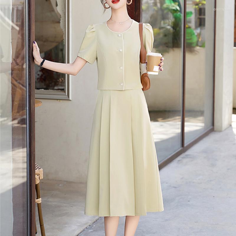 

Two Piece Dress Womens Small Short Sleeve Coats Sets Summer Casual Office Ladies Elegant Jackets Suits And A-Line Midi Skirt Chic, Pink