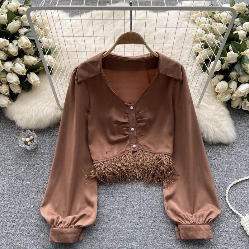 

Women's Blouses Spring French V-neck Single-breasted Long-sleeved Magnanimous Chic Tassel Short Shirt, Black