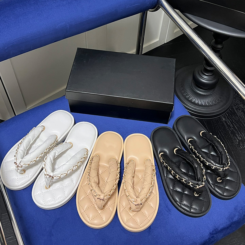 

Designer Flip Flops Platform Sandals Fashion Chain Soft Leather Mules Women Slides Black White Beach Slippers Black White, 2#