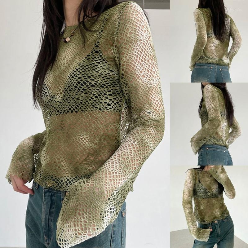 

Women's T Shirts Women Sexy See Through Cover Up Long Sleeve Crochet Top Hollow Out Knit Pullover, For m