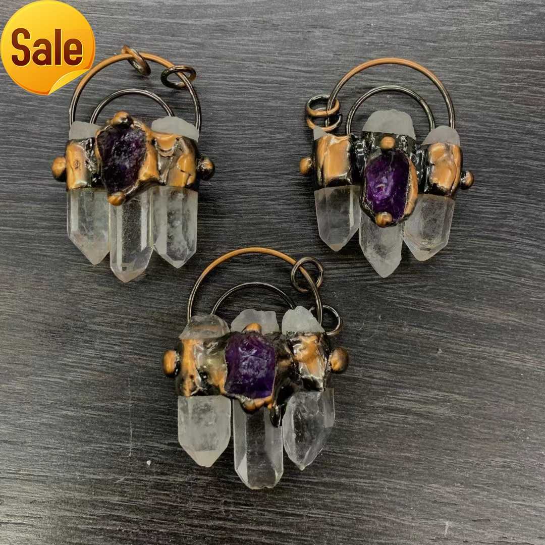 

Vintage antique bronze plating natural raw healing crystal points amethyst charm pendant for necklace women