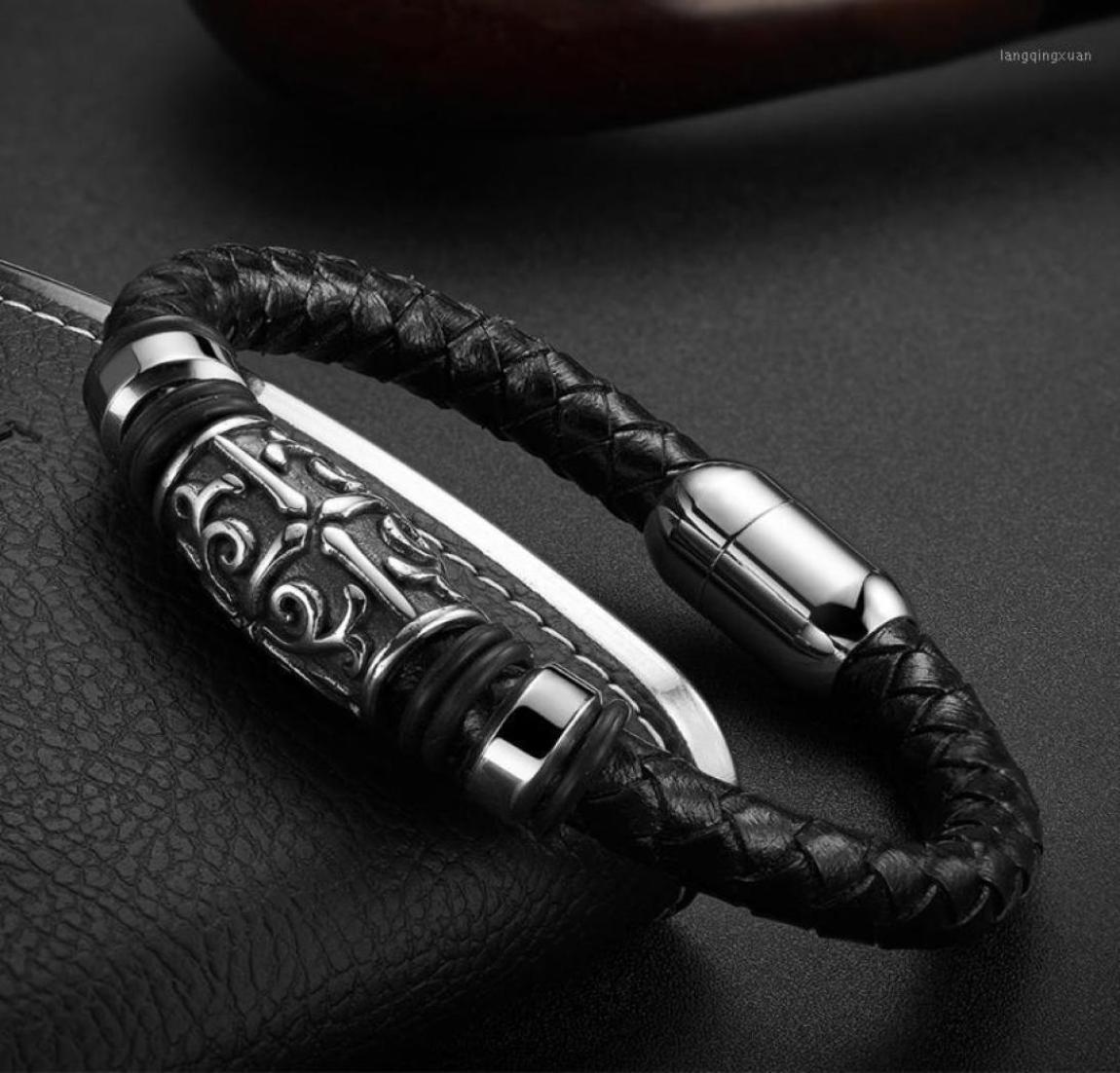 

Bangle Fashion Leather Bracelet For Men Black Braid Multilayer Rope Chain Stainless Steel Magnetic Clasp Male Jewelry Gift14895777
