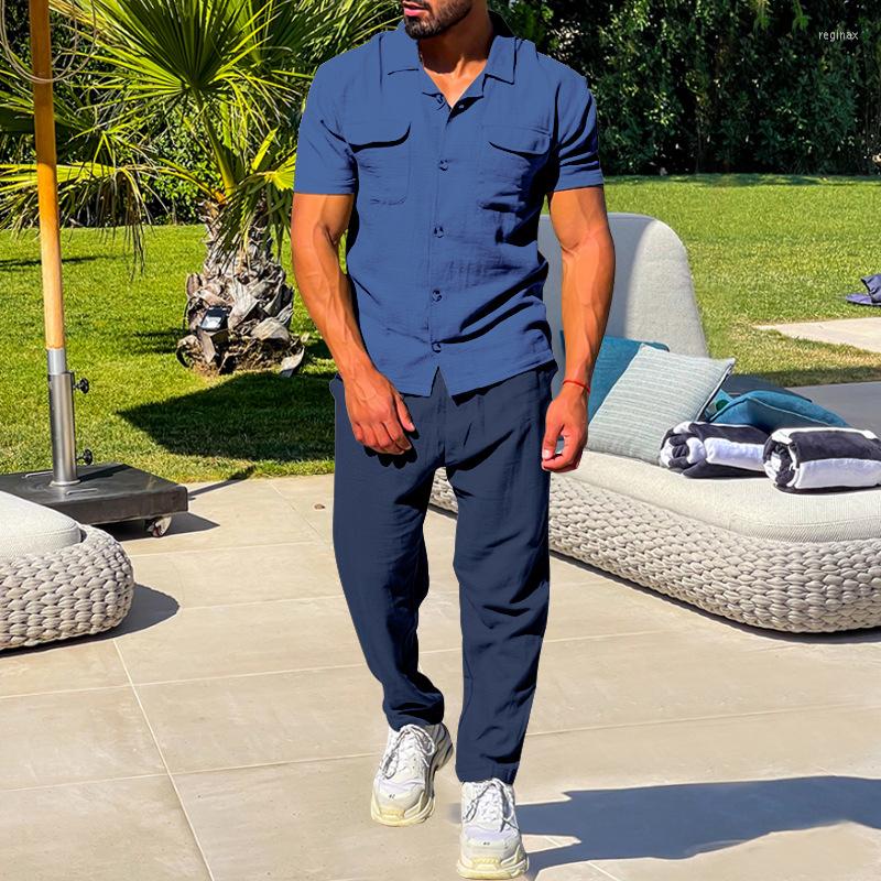 

Men' Tracksuits Casual Solid Color Cotton Linen Men' Clothes 2023 Spring Summer Short Sleeve Shirts And Pants Slim Two Piece Set Men, 04 light blue