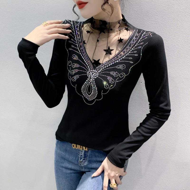 

Women's T Shirts Black Short Shirt Women Long Sleeve Sexy Hollow Out Spliced Mesh Tight Diamonds Turtleneck Women's Tee