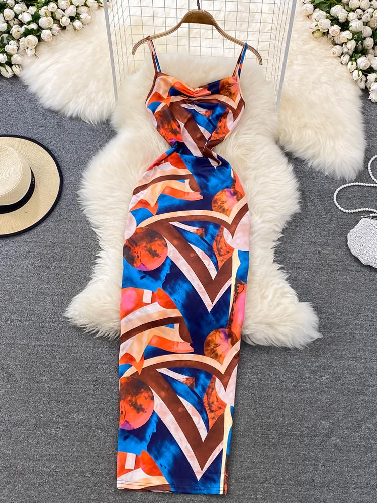 

Casual Dresses YuooMuoo Ins Fashion Colorful Print Women Dress Summer Slim Elastic Straps Bodycon Long Party Vestidos, Multi