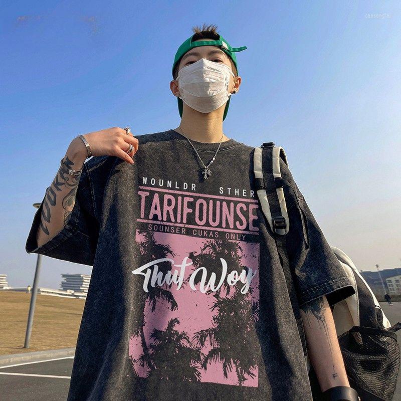 

Men' T Shirts Cotton American Retro Washed Old Short Sleeved T-shirt Men And Women Summer Couple Loose Half Top Harajuku Y2k, Black