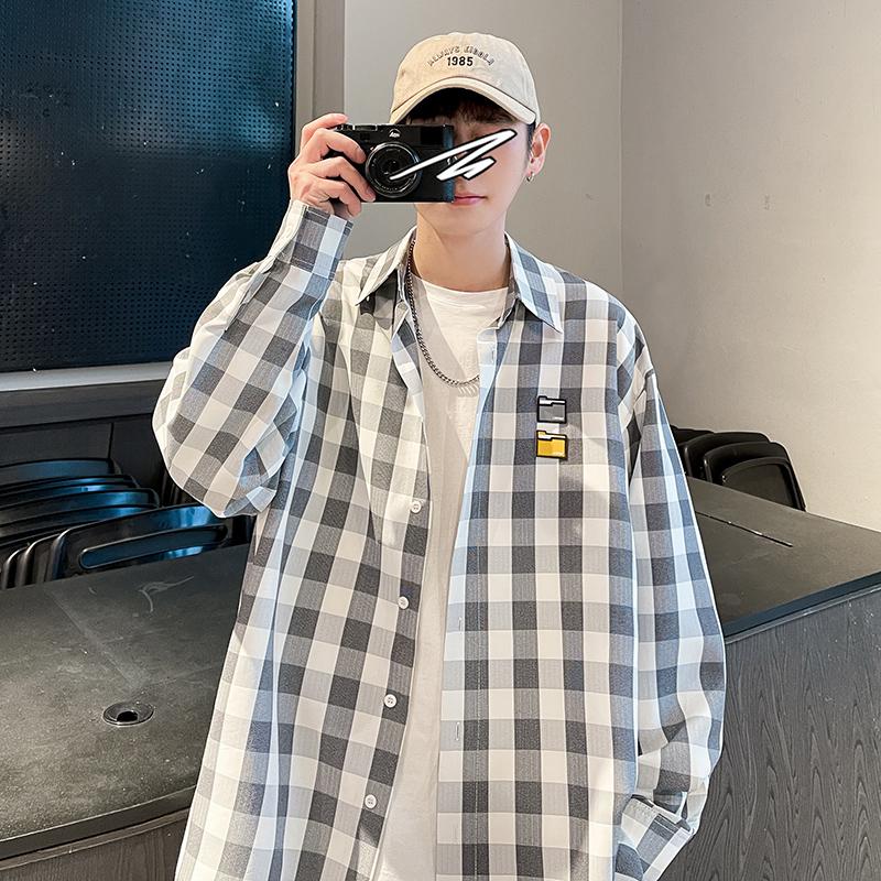 

Men's Casual Shirts Korean Style Oversized Color Block Plaid Shirt Men Turn-Down Collar Loose Long Sleeve Unisex 2023 Fashions, Small plaid