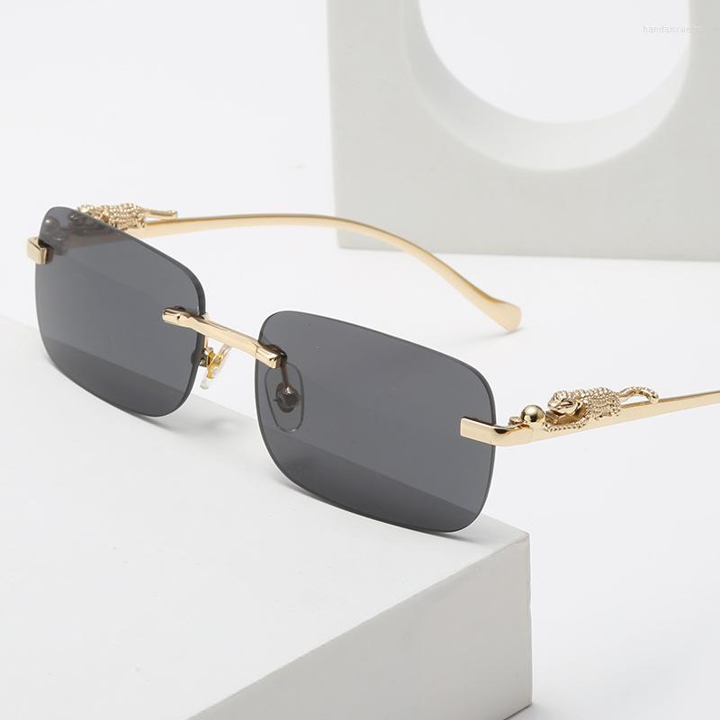 

Sunglasses Men Fashion Vintage Rimless Square Shades Eyewear Women Brand Design Travel Driving Metal Leopard Head Sun Glasses