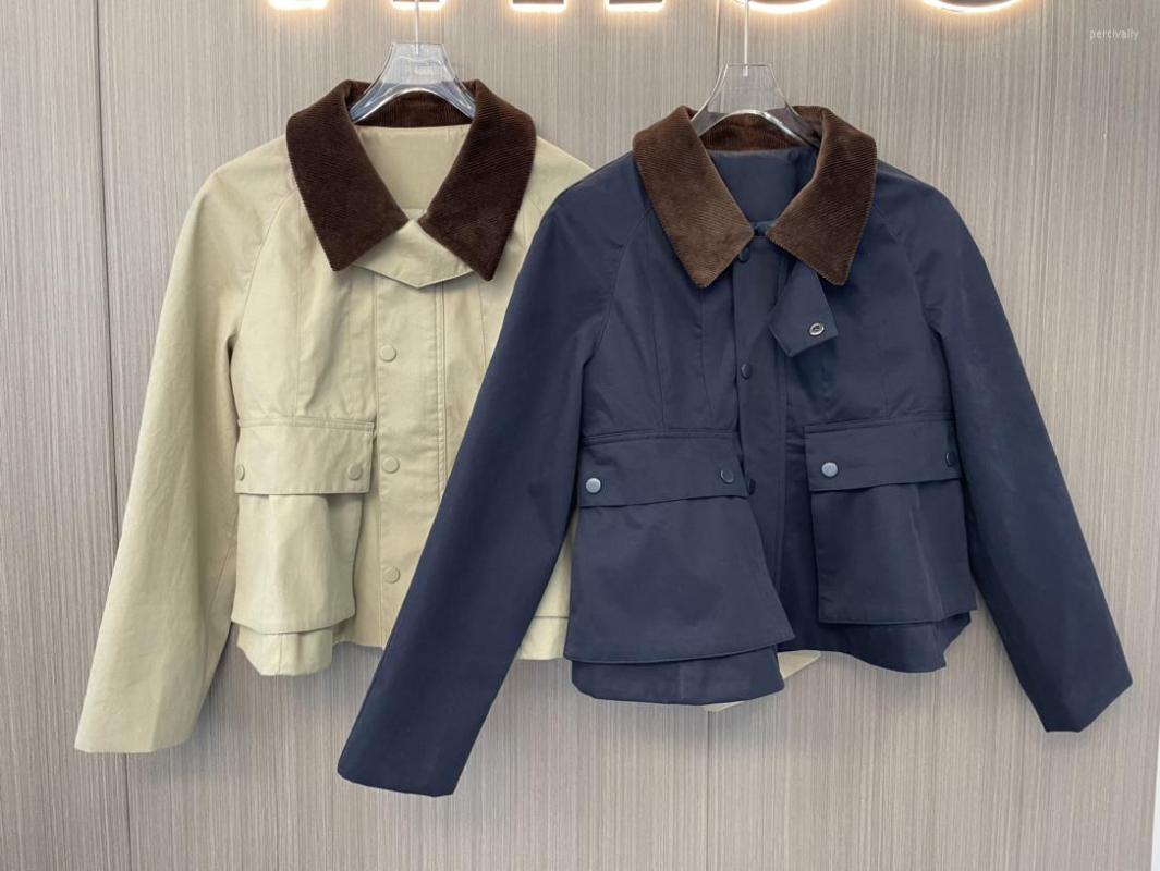 

Women' Jackets 2023 Women Fashion High Quality Long Sleeves Contrast Color Polo Collar Pocket Short Jacket 0306