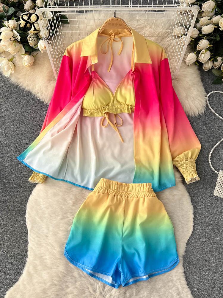 

Women' Tracksuits SINGREINY Vacation Three Pieces Suits Lace Up Halter Camisole Long Sleeves Shirt Wide Legs Shorts Summer Beach Style Sexy, Gradient 2