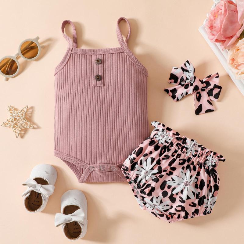 

Clothing Sets 0-18M Born Infant Baby Girls Clothes Set Ribbed Spaghetti Strap Snaps Romper Floral Shorts Headband Outfits Summer Costumes, Picture shown
