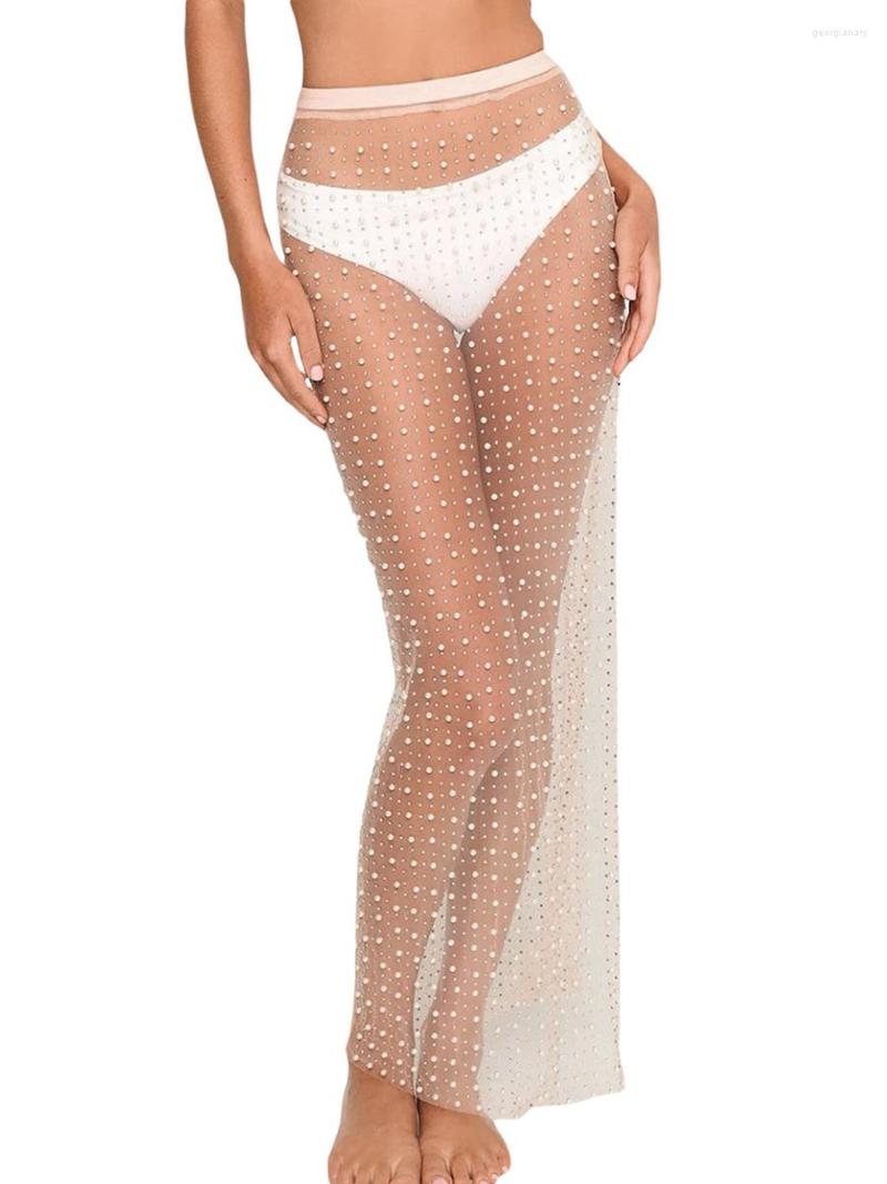 

Skirts Women Cover Up High Waist Pearl Beaded Solid Color See-Through Beach Long, Z-skirt white