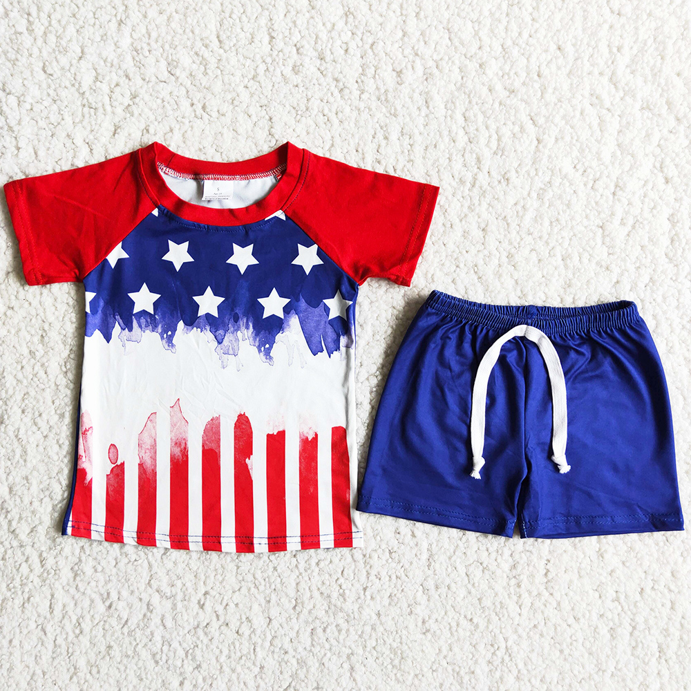 

Summer Baby Boy Clothes Short Sleeve Shorts Sets Star Blue Red July 4th Boutique Kids Clothing Boys 2pcs Outfits Wholesale Children Suit, Blue green