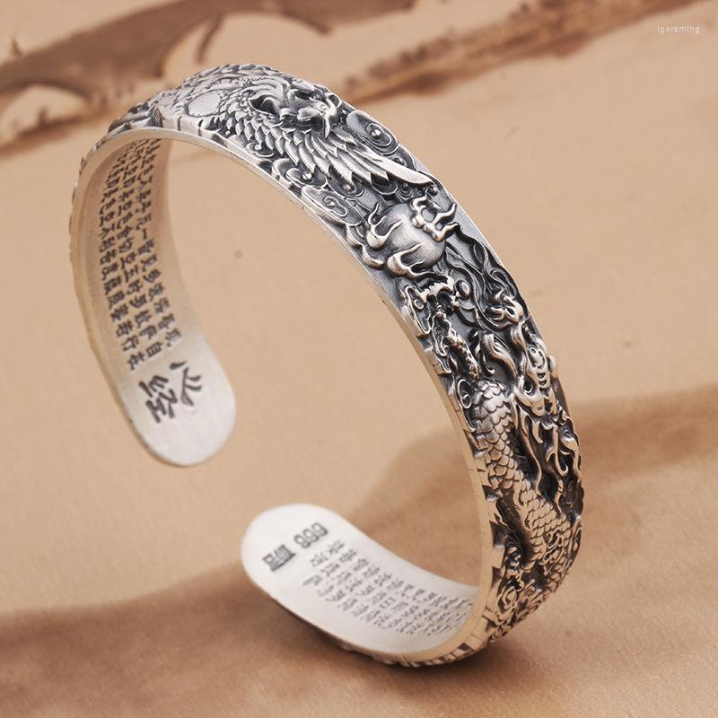 

Bangle LH Vintage Dragon And Phoenix Embossed Heart Sutra Bracelet Aggressive Wide Solid Open Factory Direct Sales
