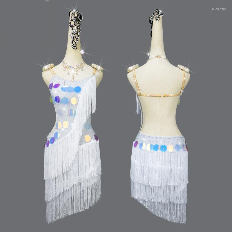 

Stage Wear Latin Dance Competition Dress Costume Women's Rhinestone Tassel Skirt White Suspenders Sequins