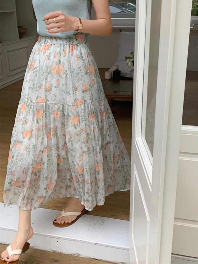

Skirts Spring Summer Women Long Midi Korean Style Fairy Cute High Waist A-Line Splicing Pleated Rose Print Floral Skirt, Pink floral