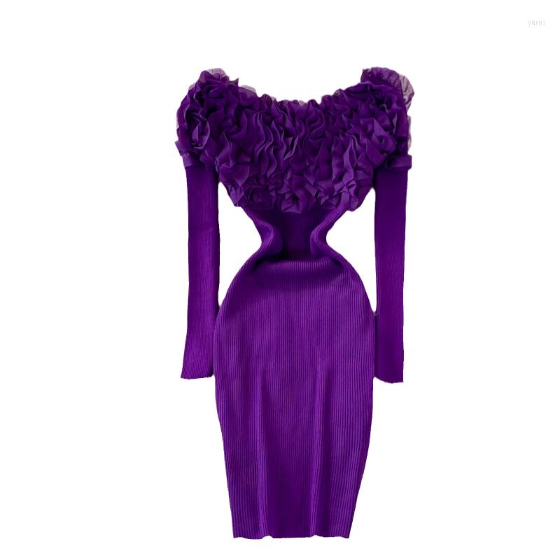 

Casual Dresses Spring Autumn Women Sexy Off Shoulder Slash Neck Long Sleeve Slim Mini Dress Sweet 3D Flowers Knitted, Black