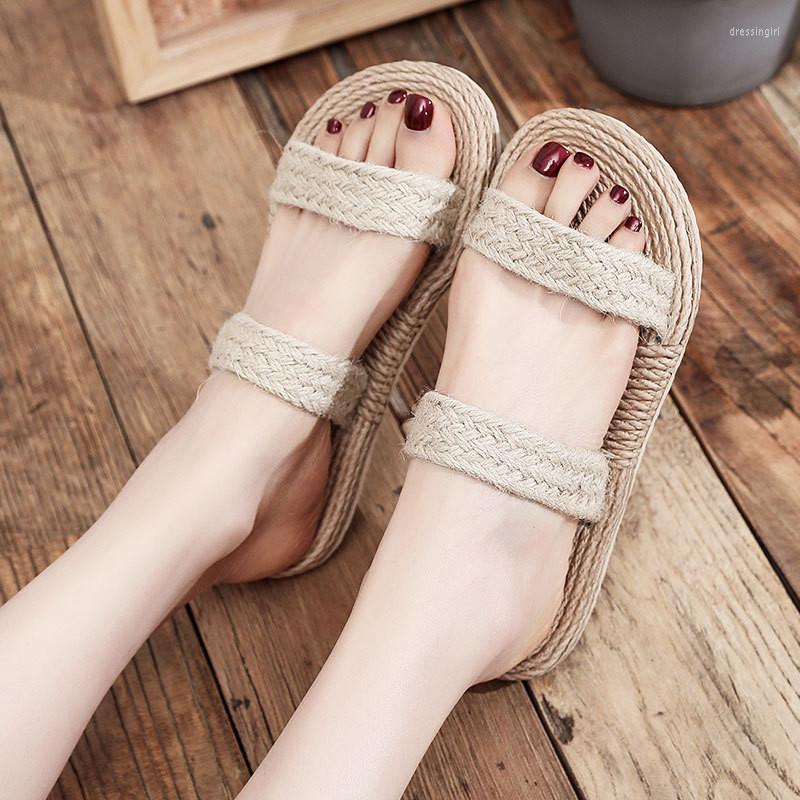 

Slippers Minimalist Cross Band Women Slide Sandals Beach Rope Slides Espadrille Flip Flops Two Straw Straps Shoes, Beige