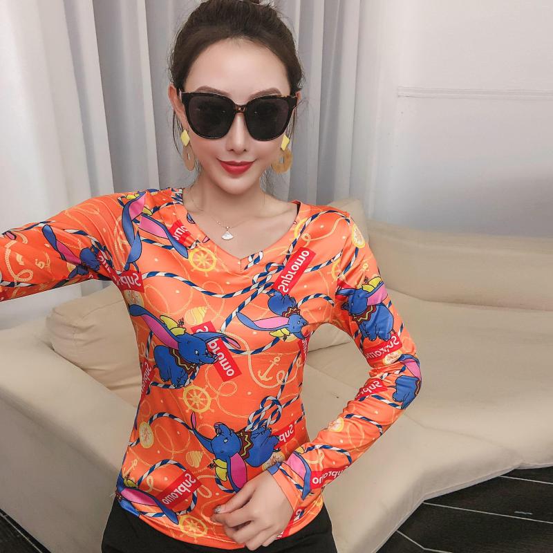 

Women's T Shirts 2023 Spring And Autumn Women's Fashion V-neck Printed Bottoming Shirt Long-sleeved T-shirt Clothing Trend Goth, Sky blue