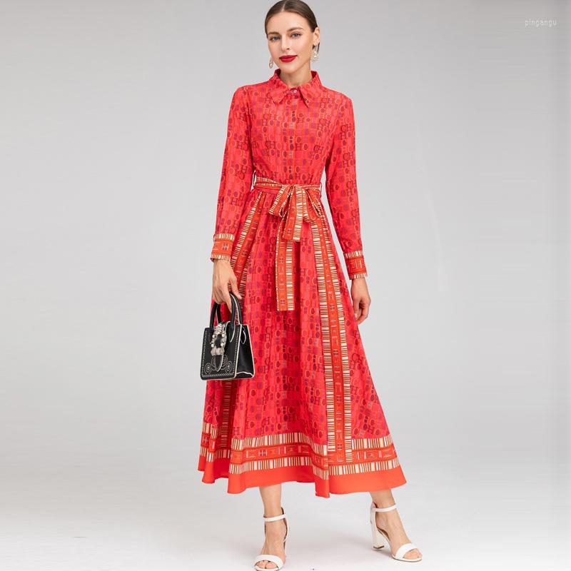 

Casual Dresses Letter Print Chiffon Dress Sashes Women Lapel Single Breasted Fashion French Style Retro A Line Long Sexy Bodycon, Red