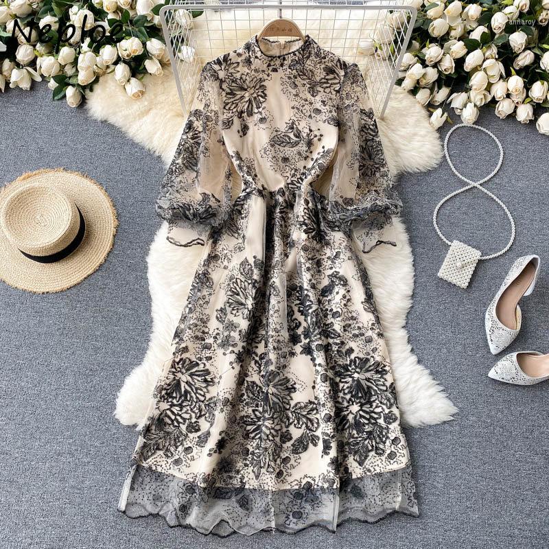 

Casual Dresses Neploe Stand Neck Embroidery Mesh Long Sleeve Robe Femme Y2k Autumn Winter Vestidos De Mujer Elegant Slim A-line Party, Apricot