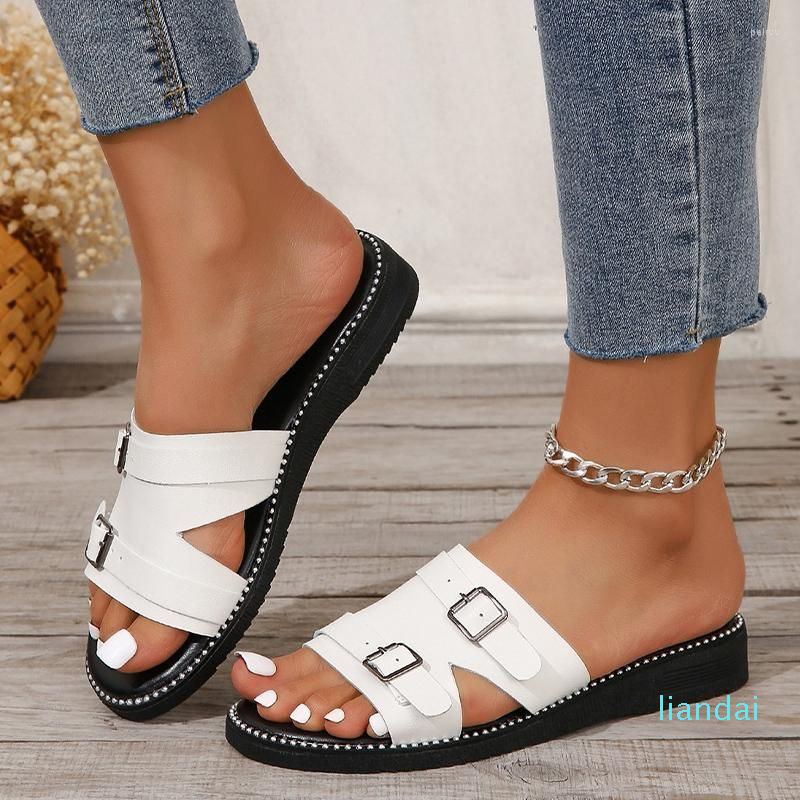 

Slippers Fashion Flats Women Buckle Beach Sandals Casual Summer Shoes 2023 Slingback Thick Slides Flip-flops, White