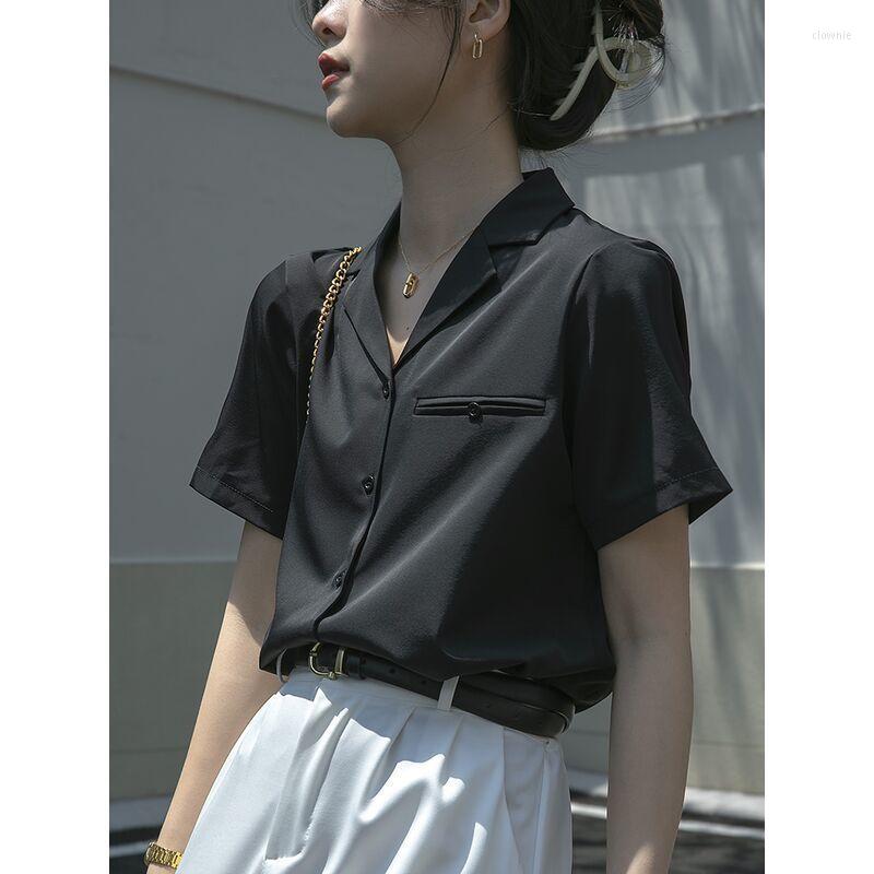 

Women' Blouses Summer Formal Buttons Solid Color Turn-down Collar Short Sleeve Blouse Femme Simplicity Patchwork Chiffon Shirts Women, Black