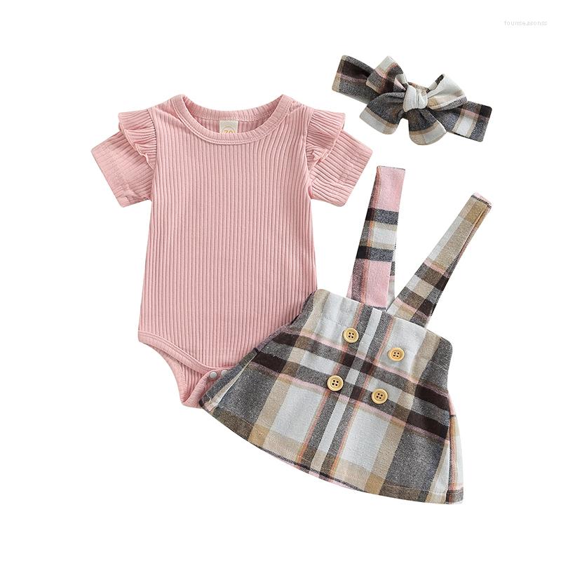 

Clothing Sets FOCUSNORM 0-18M Baby Girl 3Pcs Summer Clothes Outfits Ruffles Short Sleeve Solid Romper Plaid Suspender Skirt Headband, Picture shown