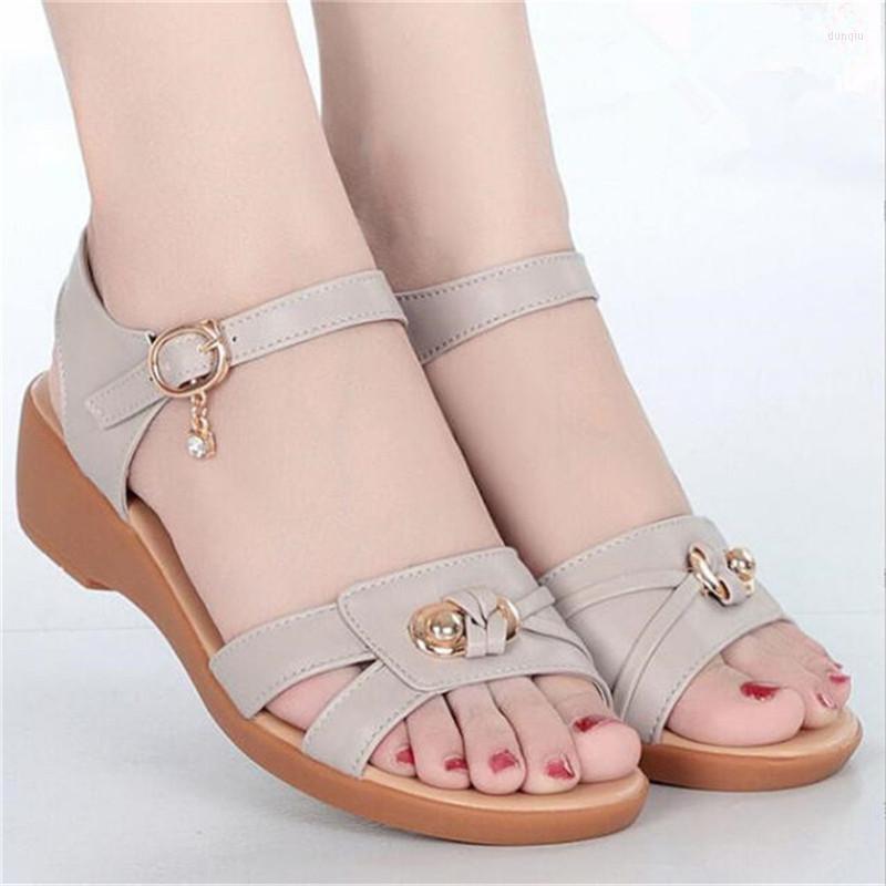 

Sandals Summer Genuine Leather Women Fashion Wedges Soft Bottom Comfortable Casual Mother Shoes Open Toe Flat, Camel color 02