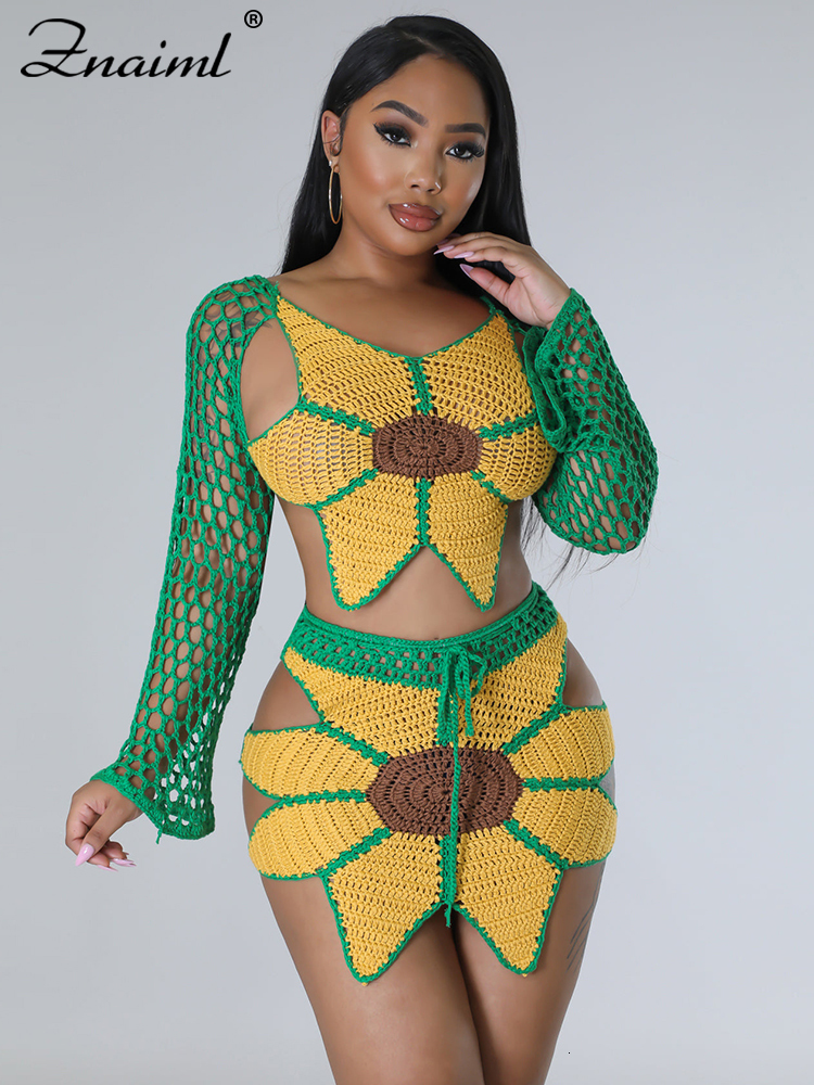 

Two Piece Dress Znaiml Summer Beach Sets Crop Top and Mini Skirt Suits Sunflower Crochet Set for Women Sexy Party Club Outfits 230512, Green