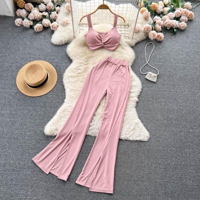 

Women's Two Piece Pants Sexy Fashion Suits Women Sleeveless Twisted Short Tops High Waist Slim Split Wide-leg Sets K161, White