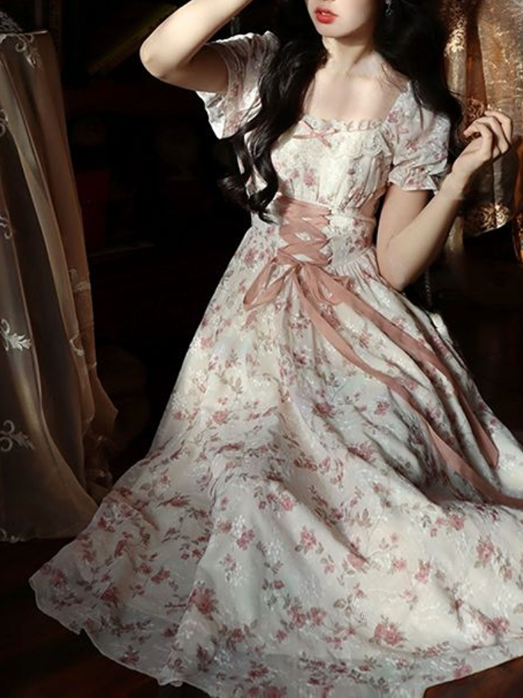 

Casual Dresses Summer Y2k Floral Puff Sleeve for Woman Robe Sexy Lace Up Side Split Chic MidCalf Aesthetic Bodycon 230512