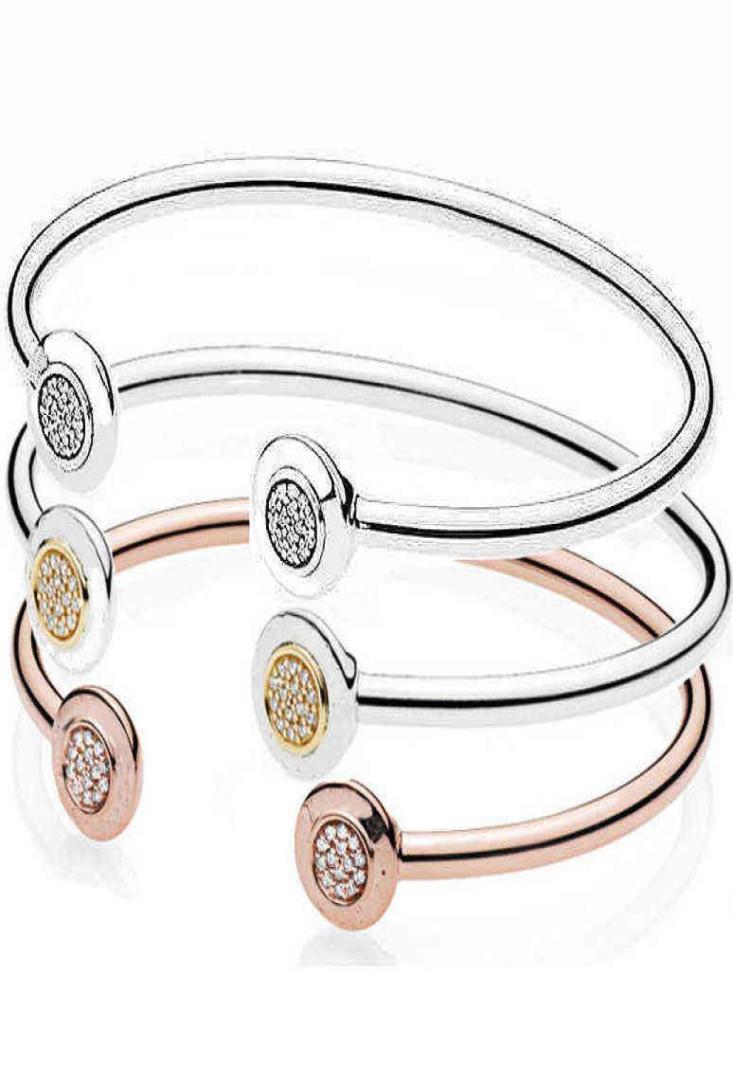 

Original Rose Gold Silver Signature with Crystal Open Bangle Fit 925 Sterling Bead Charm Bracelet Diy Europe Jewelry3189558