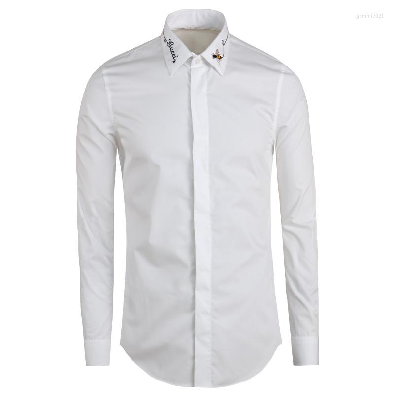 

Men's Dress Shirts Autumn And Winter Long-sleeved Shirt Fashion Slim Bee Embroidered Black White Large Size For Men
