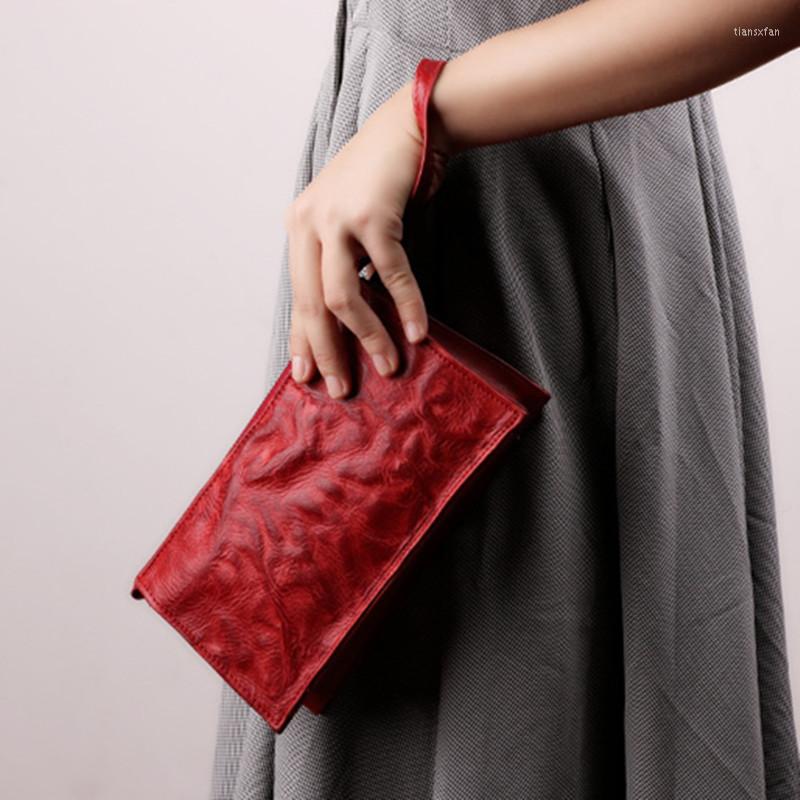 

Evening Bags Women's Fashion Unique Cowhide Leather Pleated Concise Retro Clutch Bag Phone Coin Purse Shoulder Crossbody, Red