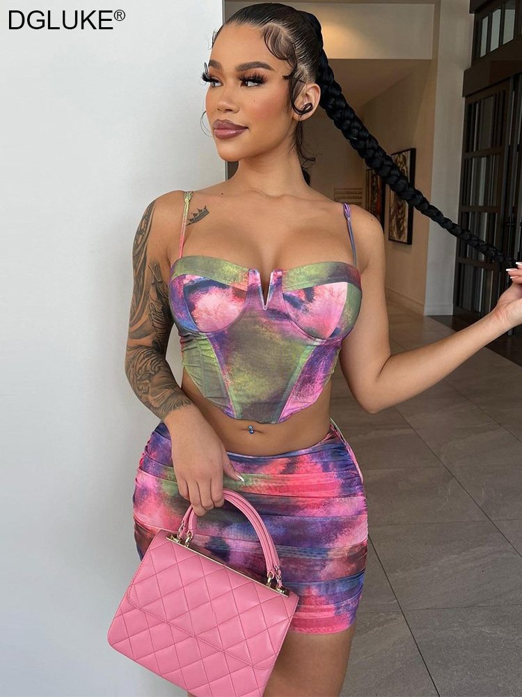 

Two Piece Dress Fashion Tie Dye Print Summer Outfits For Women Corset Top And Mini Skirt Sets Sexy Vacation Night Club Matching Set 230512, Multi