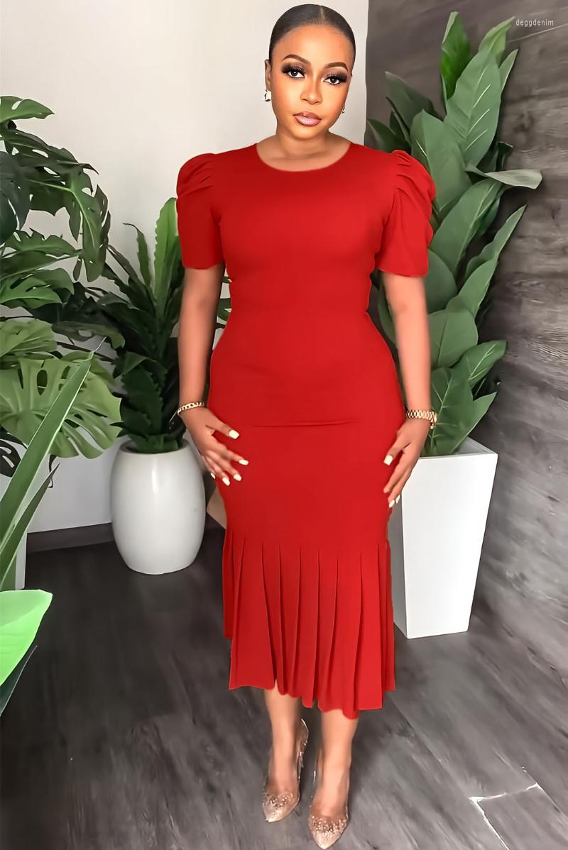 

Party Dresses WUHE Solid Women High Waist O-neck Short Sleeve Hem Pleated Midi Pencil Dress 2023 Office Lady Elegant, Black